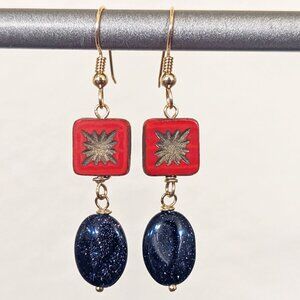 14K Gold Filled Red Starburst Czech Glass & Navy Goldstone Dangle Earrings